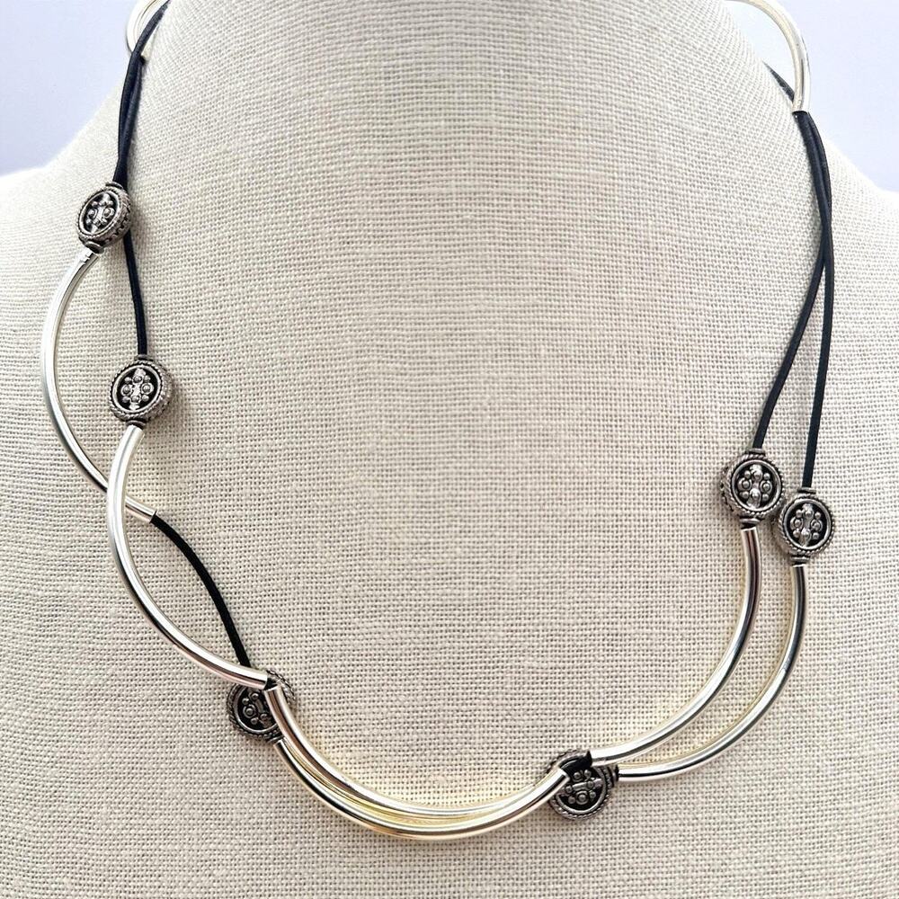 Vintage 90s Silver Tone Curved Tube Black Cord Necklace Boho Statement Jewelry